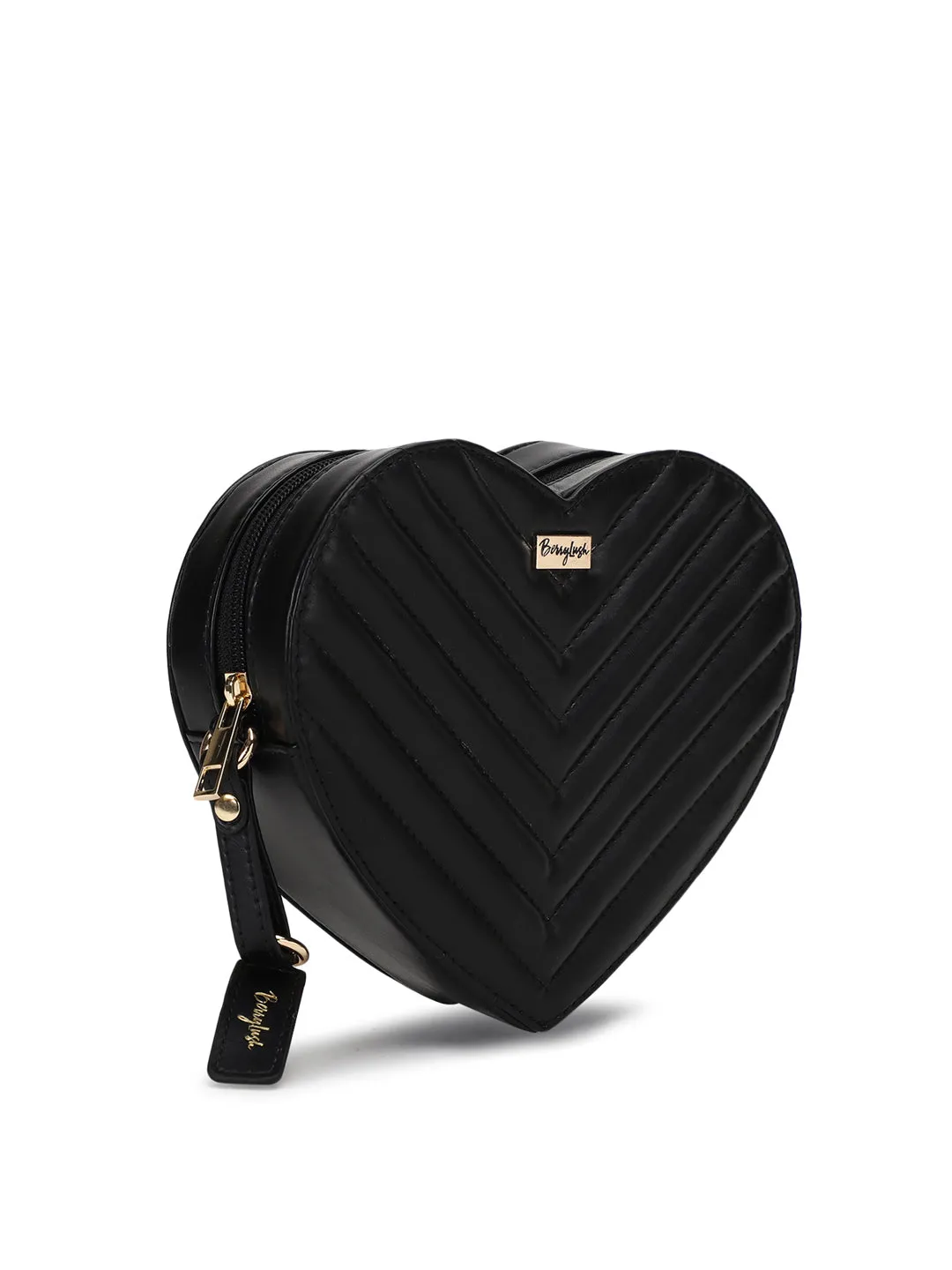 Berrylush Women Solid Black Quilted Pattern PU Detachable Sling Strap Heart Structured Regular Sling Bag