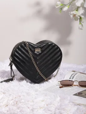 Berrylush Women Solid Black Quilted Pattern PU Detachable Sling Strap Heart Structured Regular Sling Bag