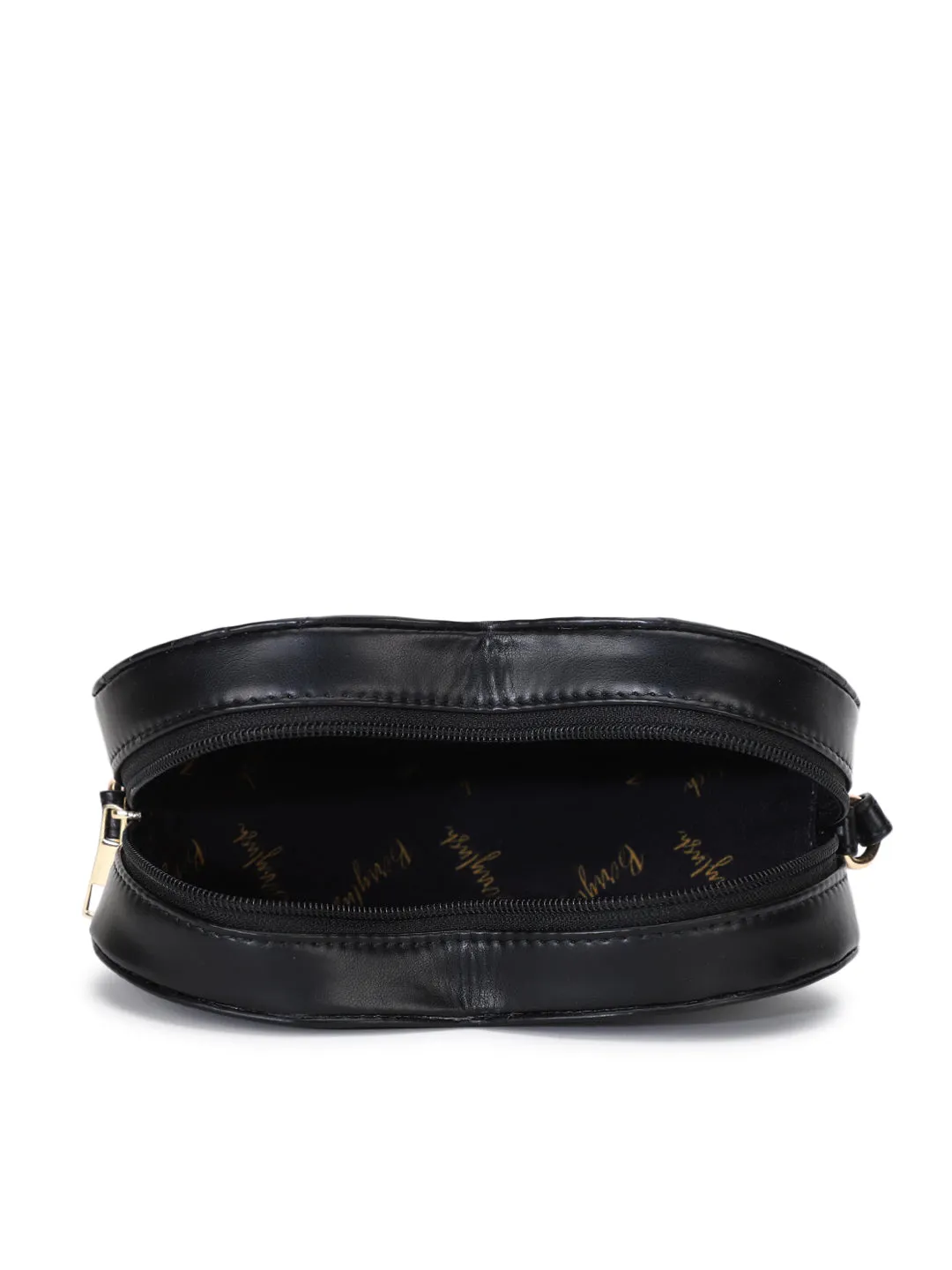 Berrylush Women Solid Black Quilted Pattern PU Detachable Sling Strap Heart Structured Regular Sling Bag