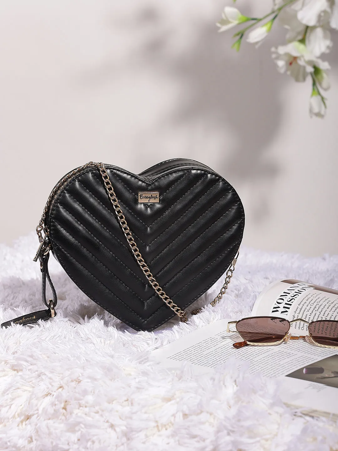 Berrylush Women Solid Black Quilted Pattern PU Detachable Sling Strap Heart Structured Regular Sling Bag