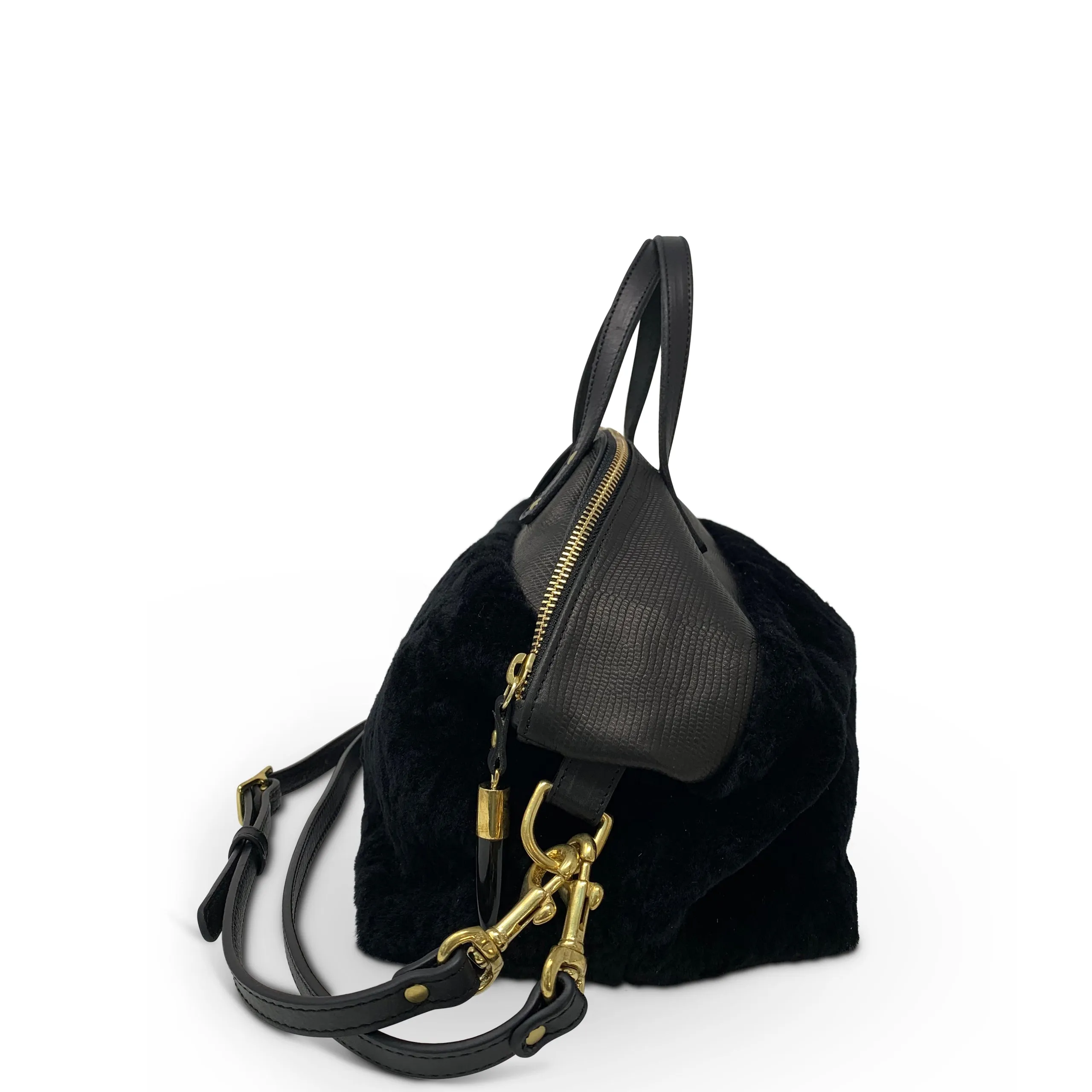 Black Shearling Petite Lizard Devon Holdall