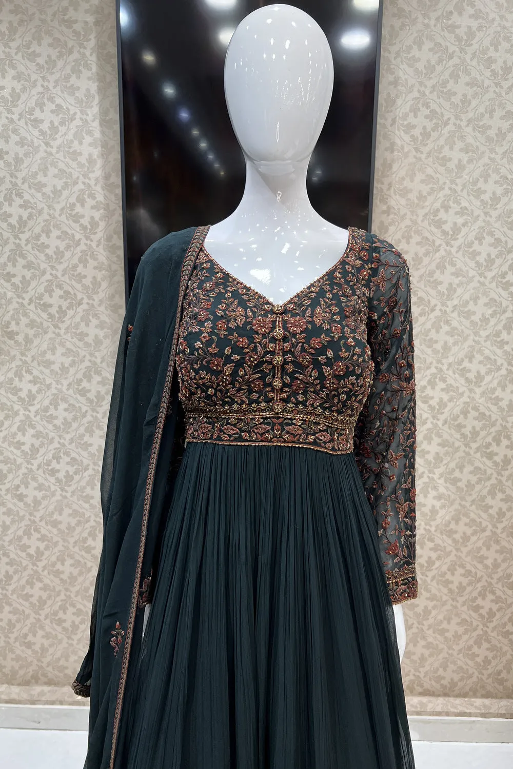 Bottle Green Embroidery and Beads work Floor Length Anarkali Suit