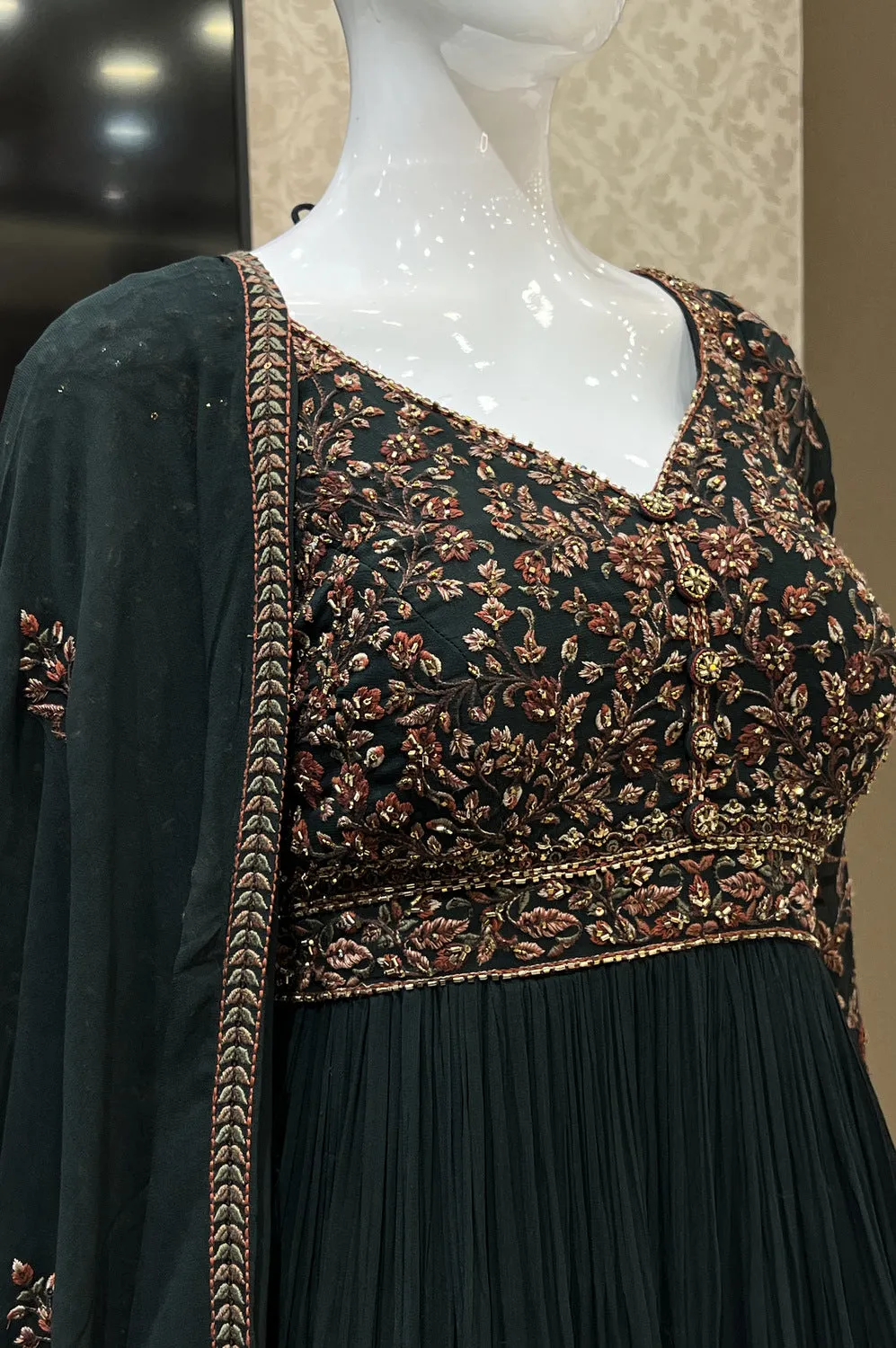 Bottle Green Embroidery and Beads work Floor Length Anarkali Suit