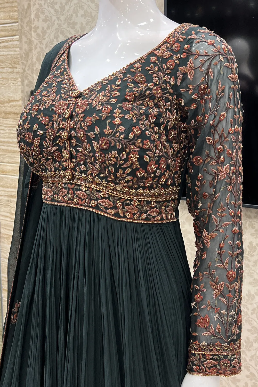 Bottle Green Embroidery and Beads work Floor Length Anarkali Suit