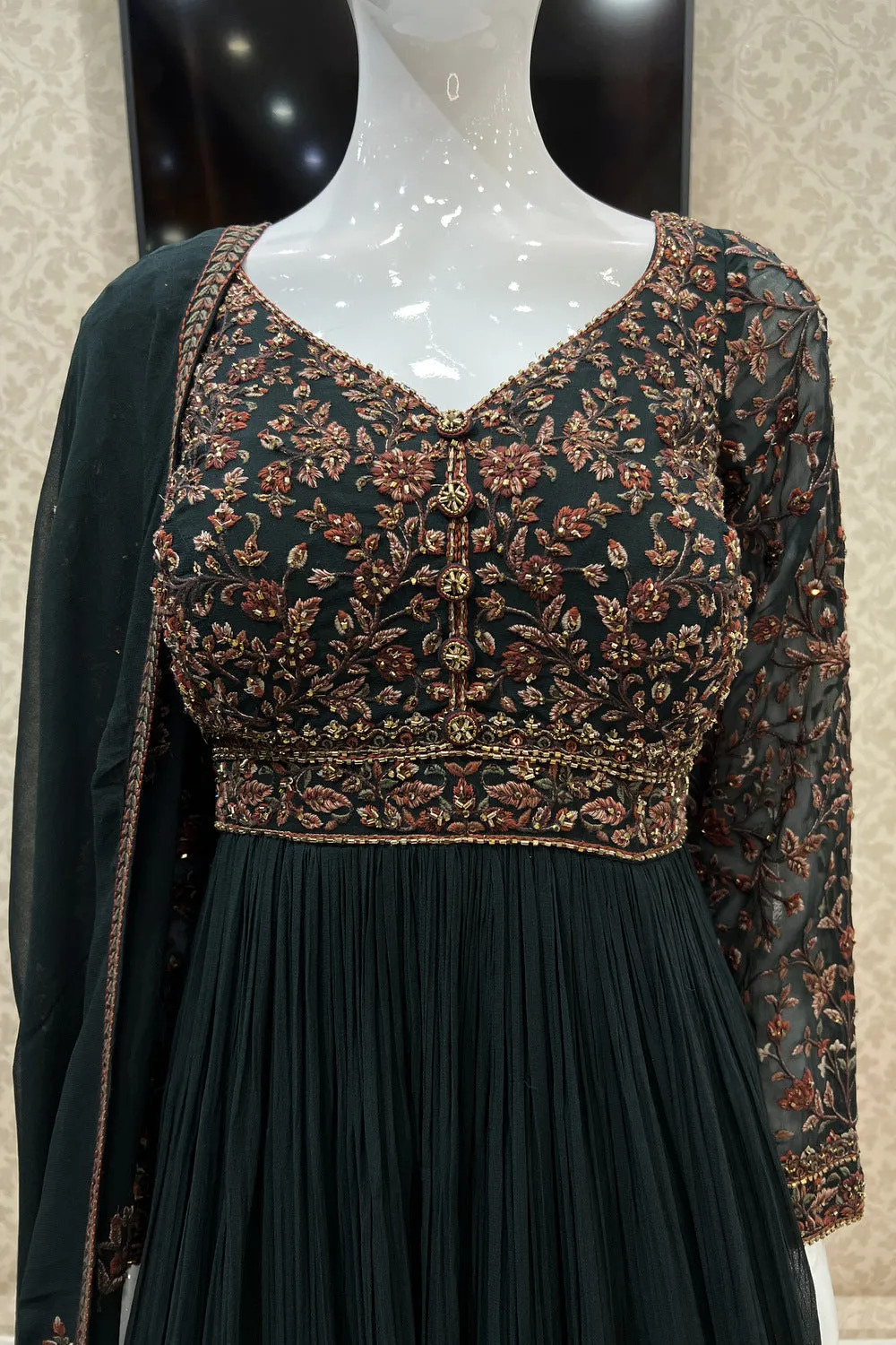 Bottle Green Embroidery and Beads work Floor Length Anarkali Suit