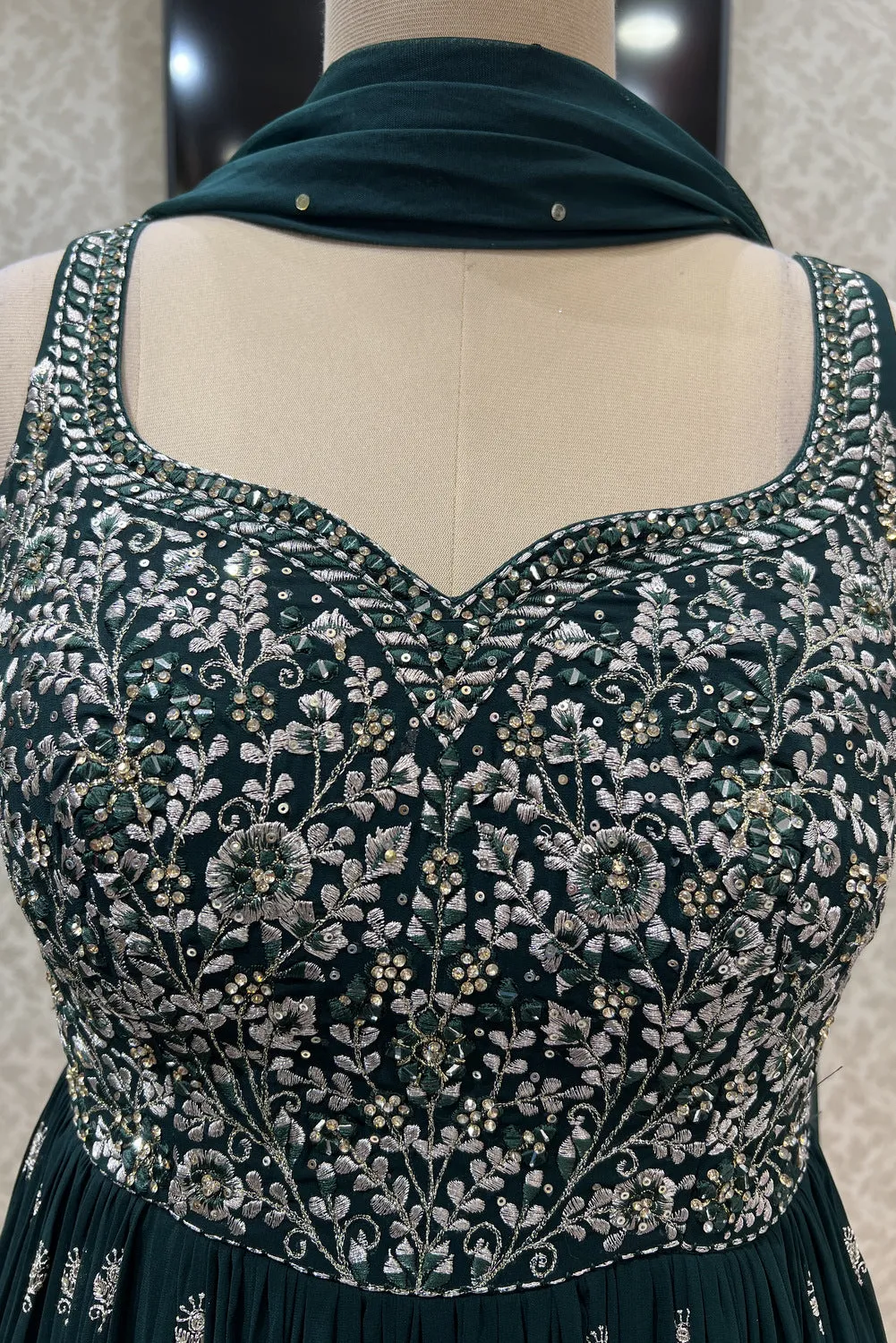 Bottle Green Zari, Stone and Mirror work Floor Length Anarkali Suit