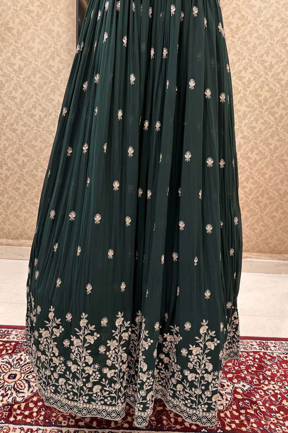 Bottle Green Zari, Stone and Mirror work Floor Length Anarkali Suit