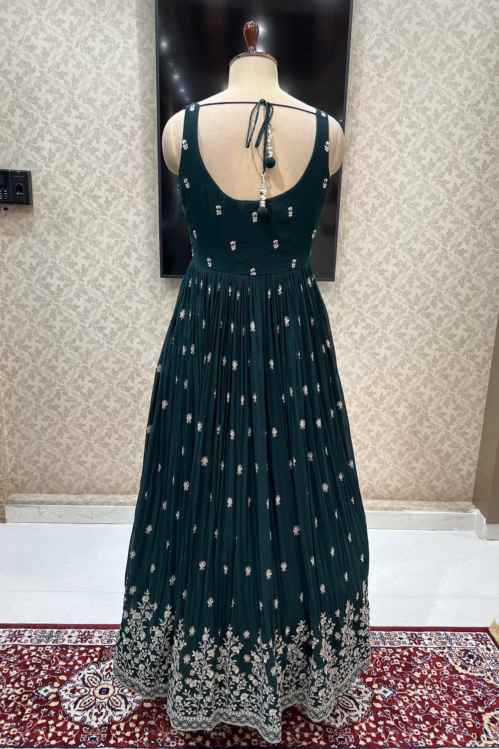 Bottle Green Zari, Stone and Mirror work Floor Length Anarkali Suit