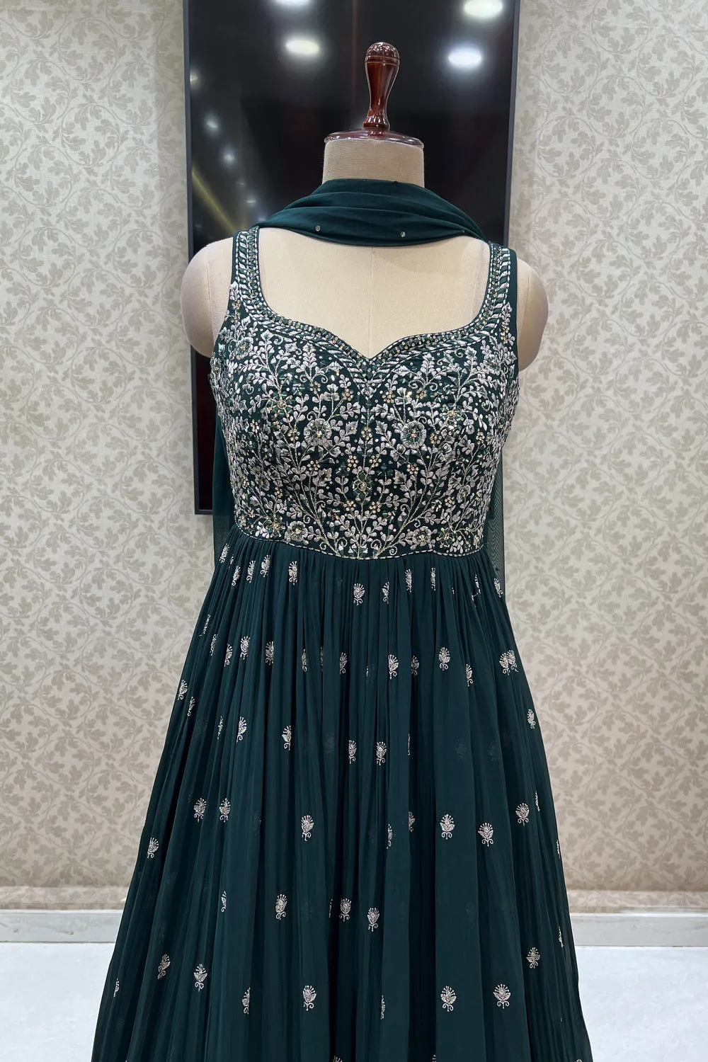 Bottle Green Zari, Stone and Mirror work Floor Length Anarkali Suit
