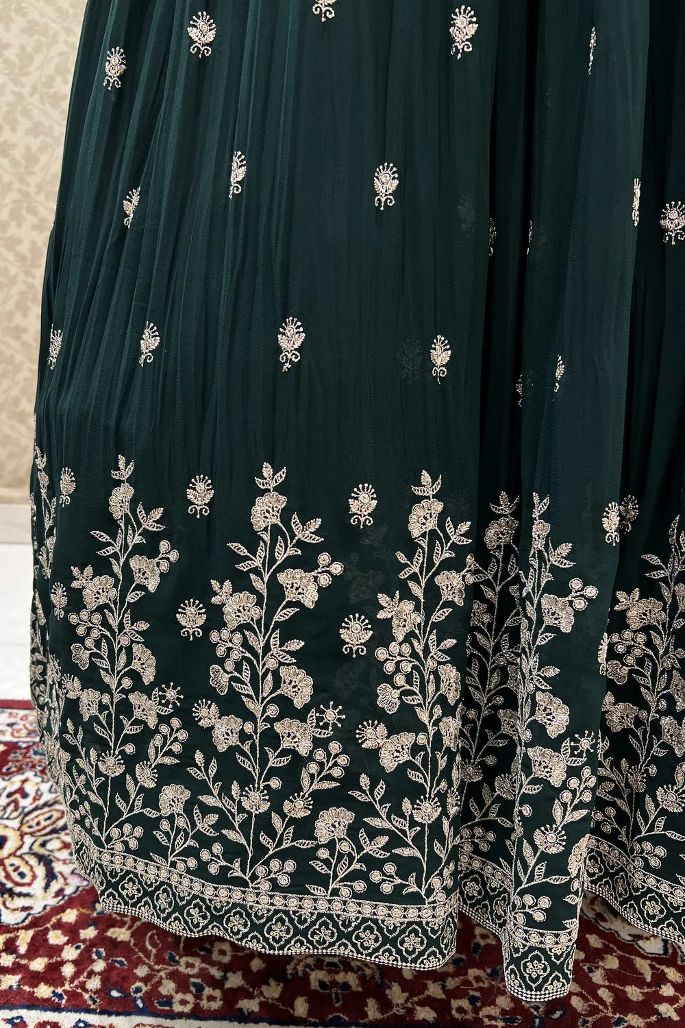 Bottle Green Zari, Stone and Mirror work Floor Length Anarkali Suit