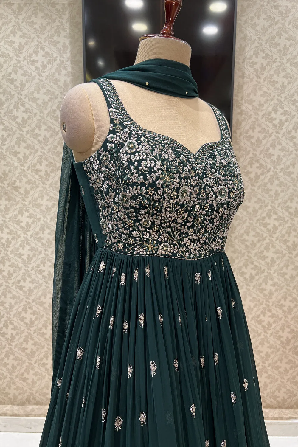 Bottle Green Zari, Stone and Mirror work Floor Length Anarkali Suit