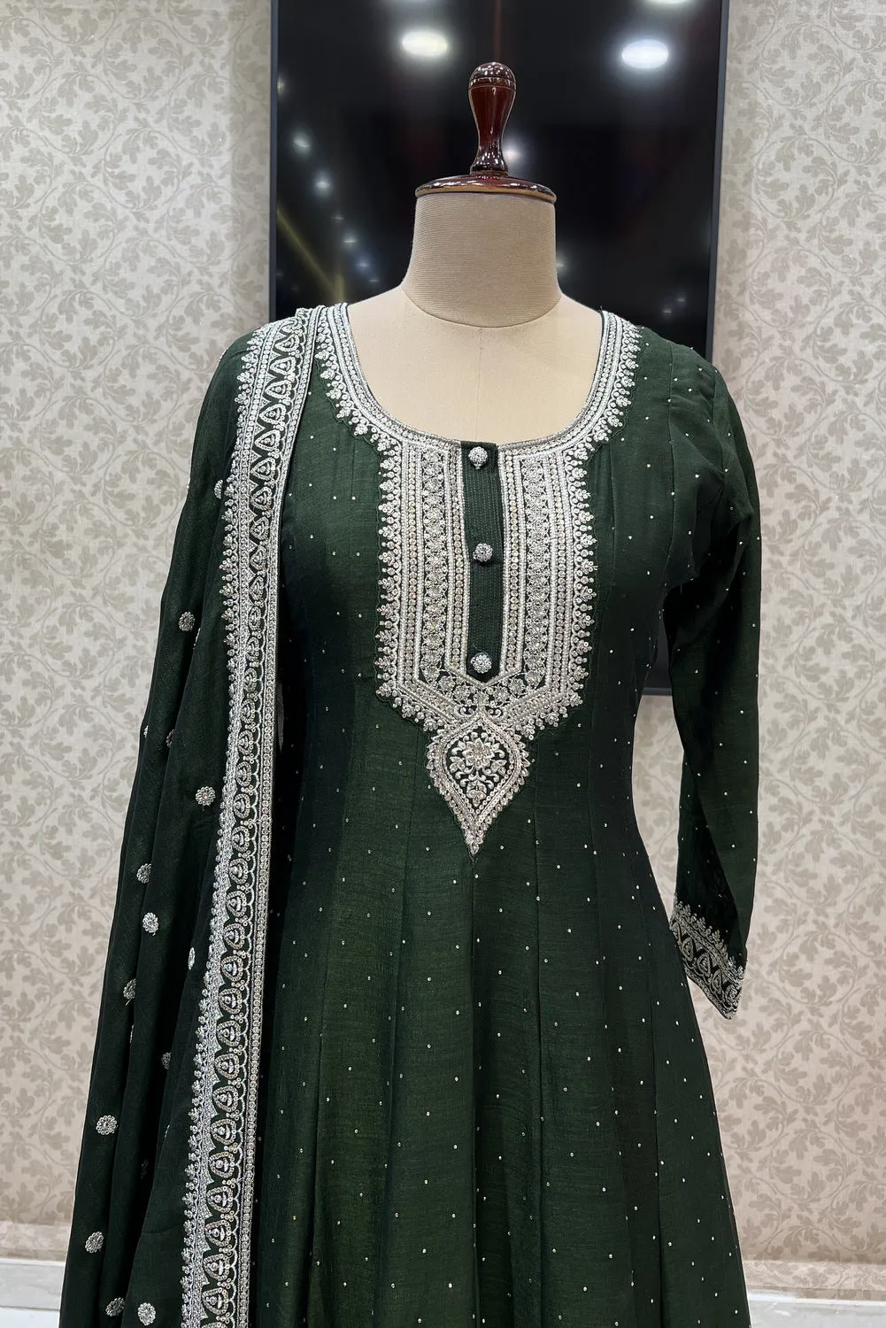Bottle Green Zari, Stone and Sequins work Floor Length Anarkali Suit
