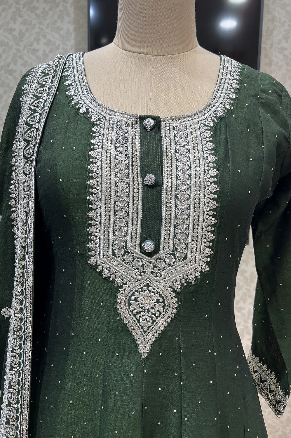 Bottle Green Zari, Stone and Sequins work Floor Length Anarkali Suit
