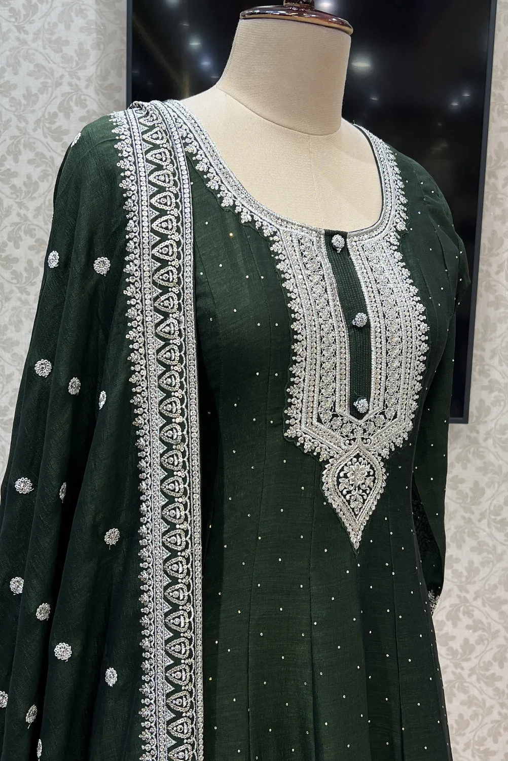 Bottle Green Zari, Stone and Sequins work Floor Length Anarkali Suit