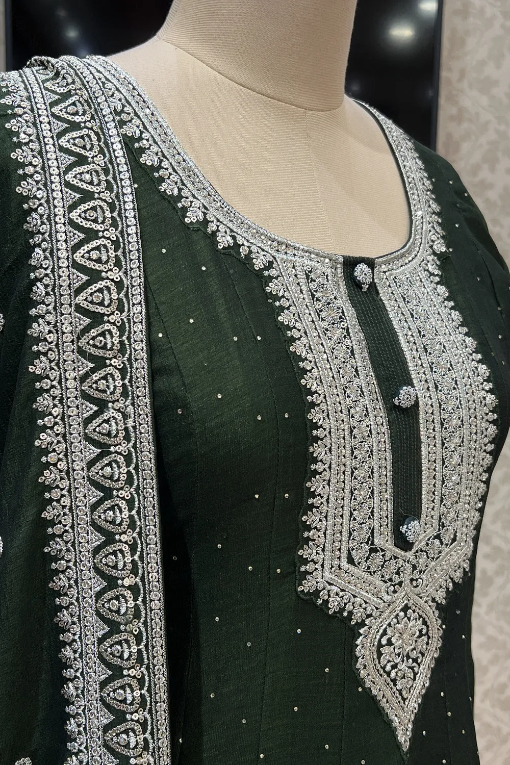 Bottle Green Zari, Stone and Sequins work Floor Length Anarkali Suit