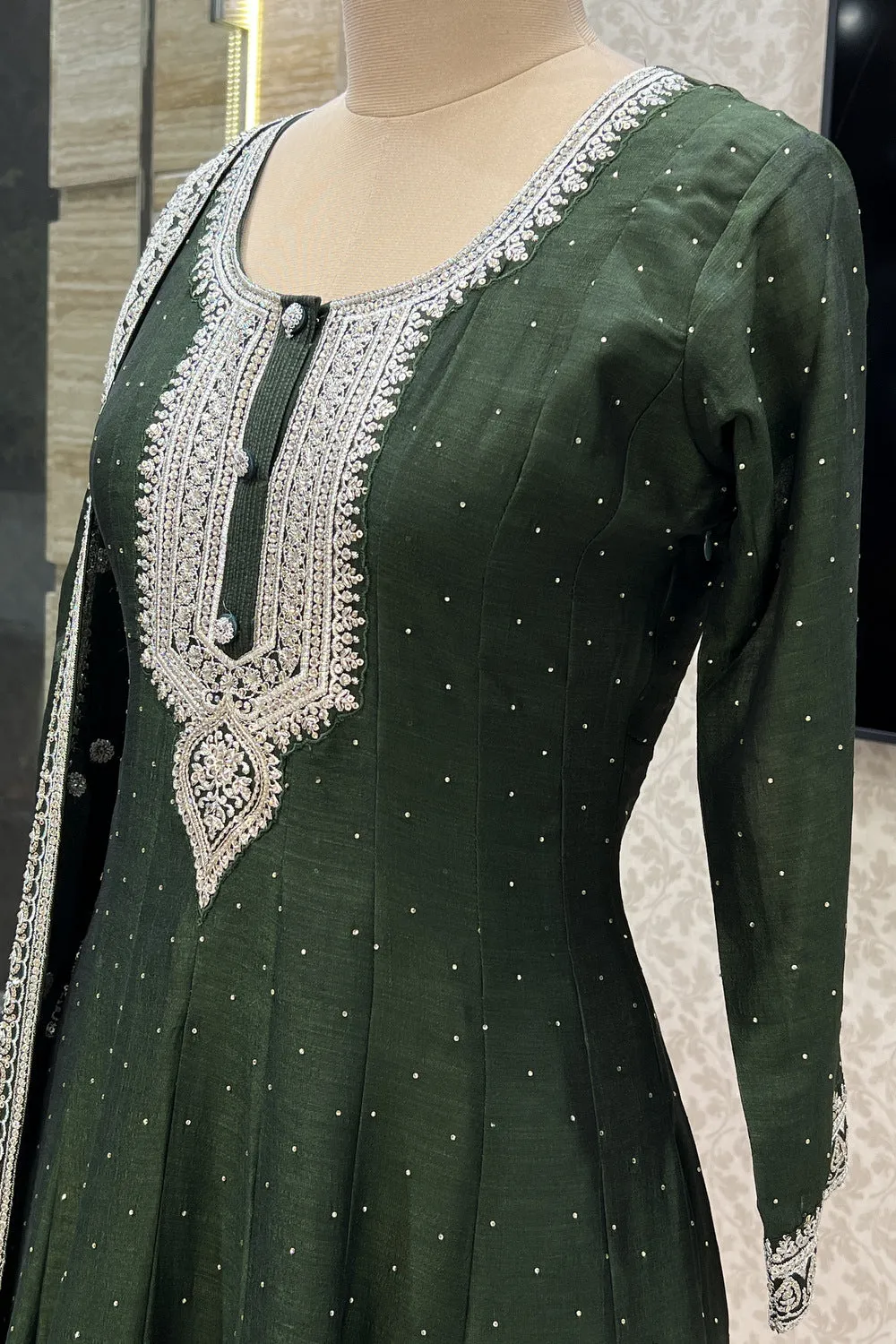 Bottle Green Zari, Stone and Sequins work Floor Length Anarkali Suit