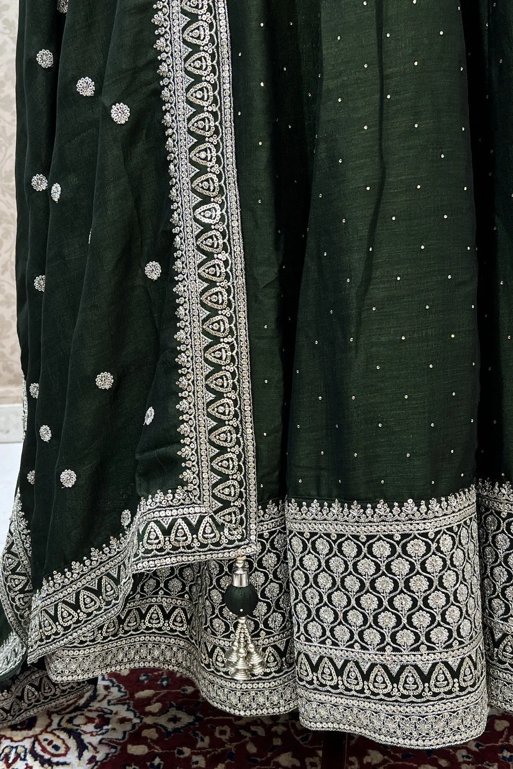 Bottle Green Zari, Stone and Sequins work Floor Length Anarkali Suit