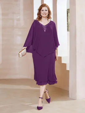 Chiffon V-Neck Flutter Sleeves Dress Grape