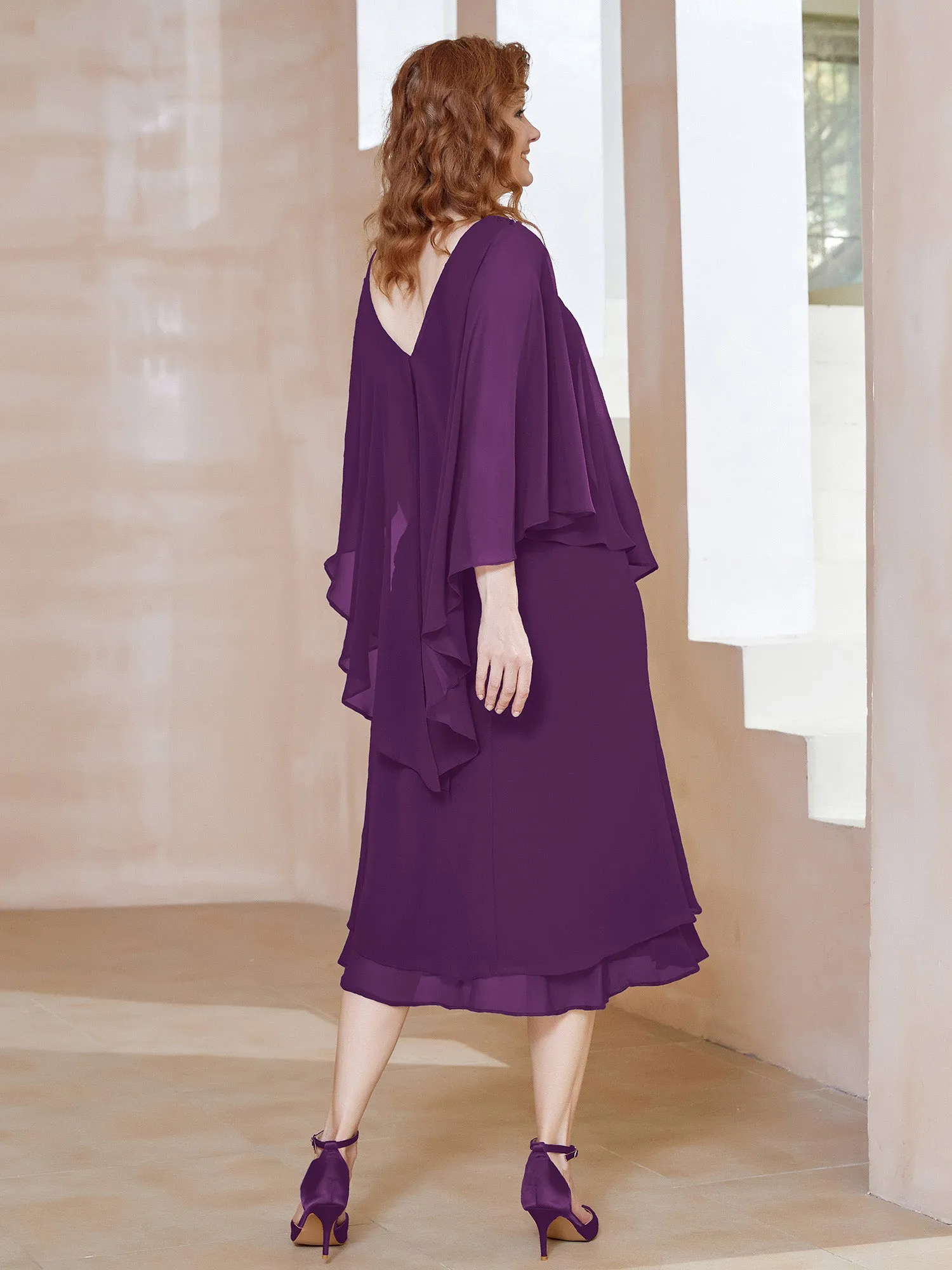 Chiffon V-Neck Flutter Sleeves Dress Grape