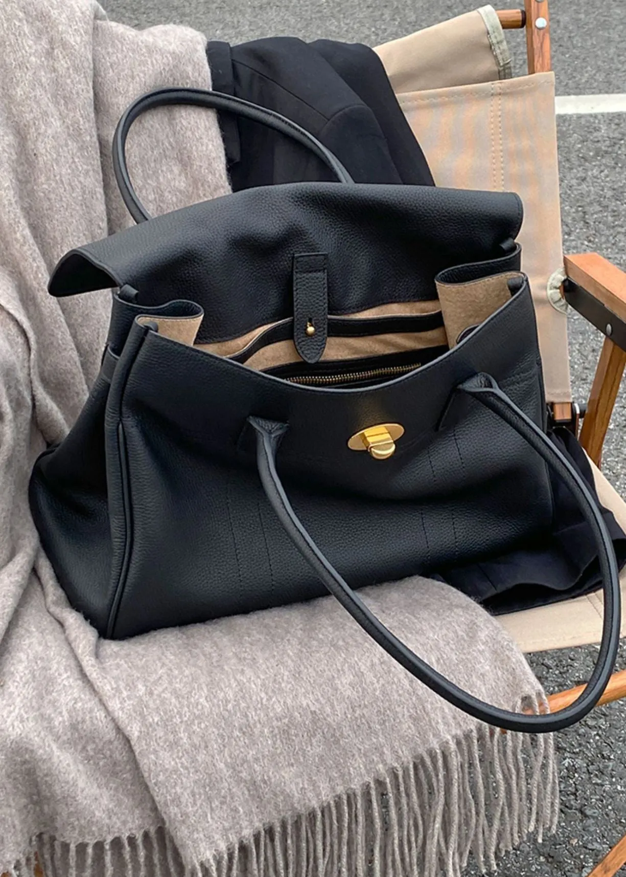 Double Handle Genuine Leather Tote Bag