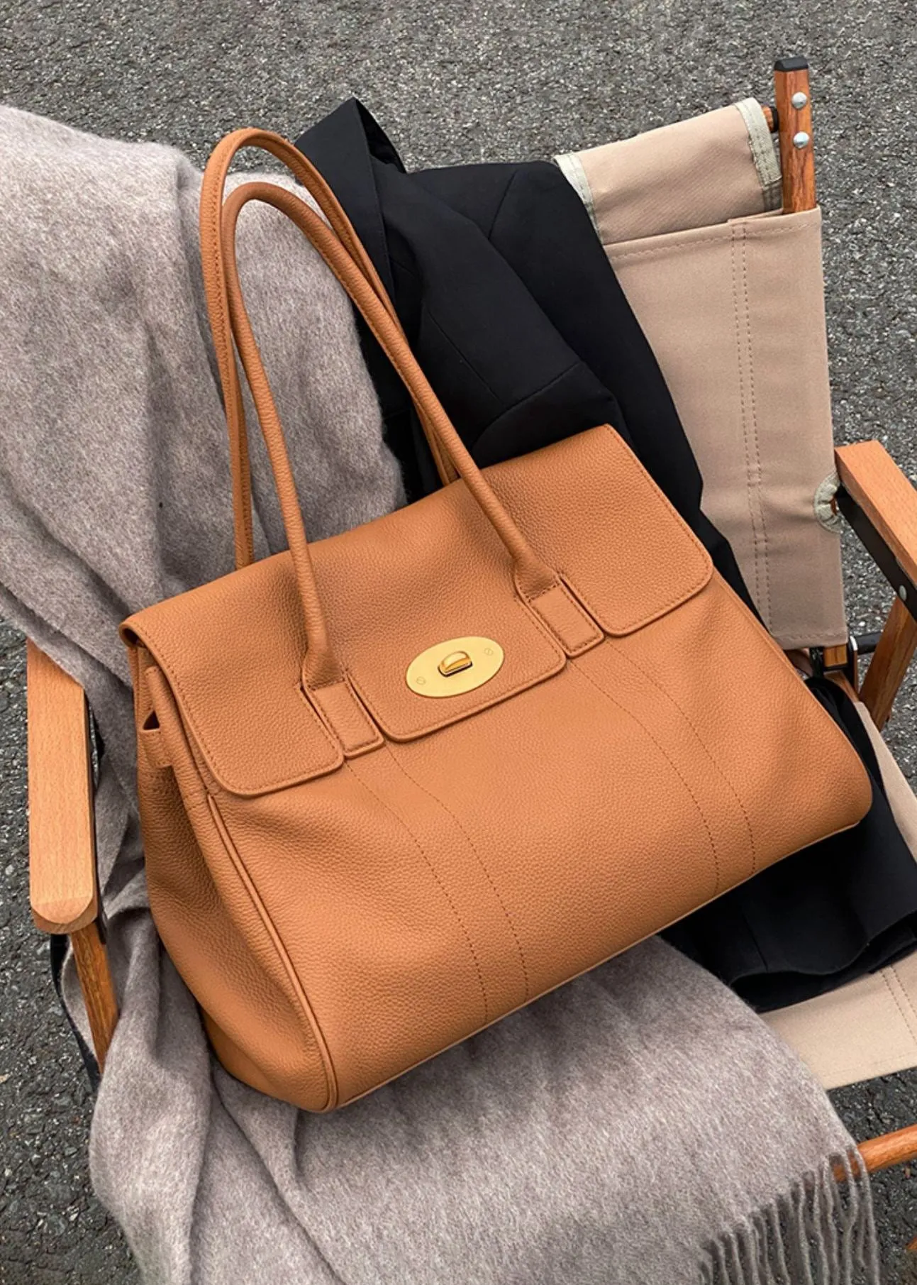 Double Handle Genuine Leather Tote Bag