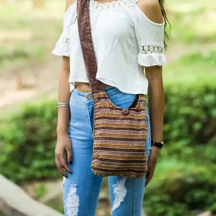Earthy Striped Cotton Crossbody Bag – Lightweight & Boho Style