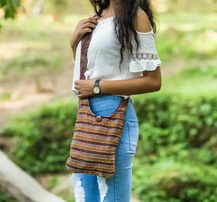 Earthy Striped Cotton Crossbody Bag – Lightweight & Boho Style