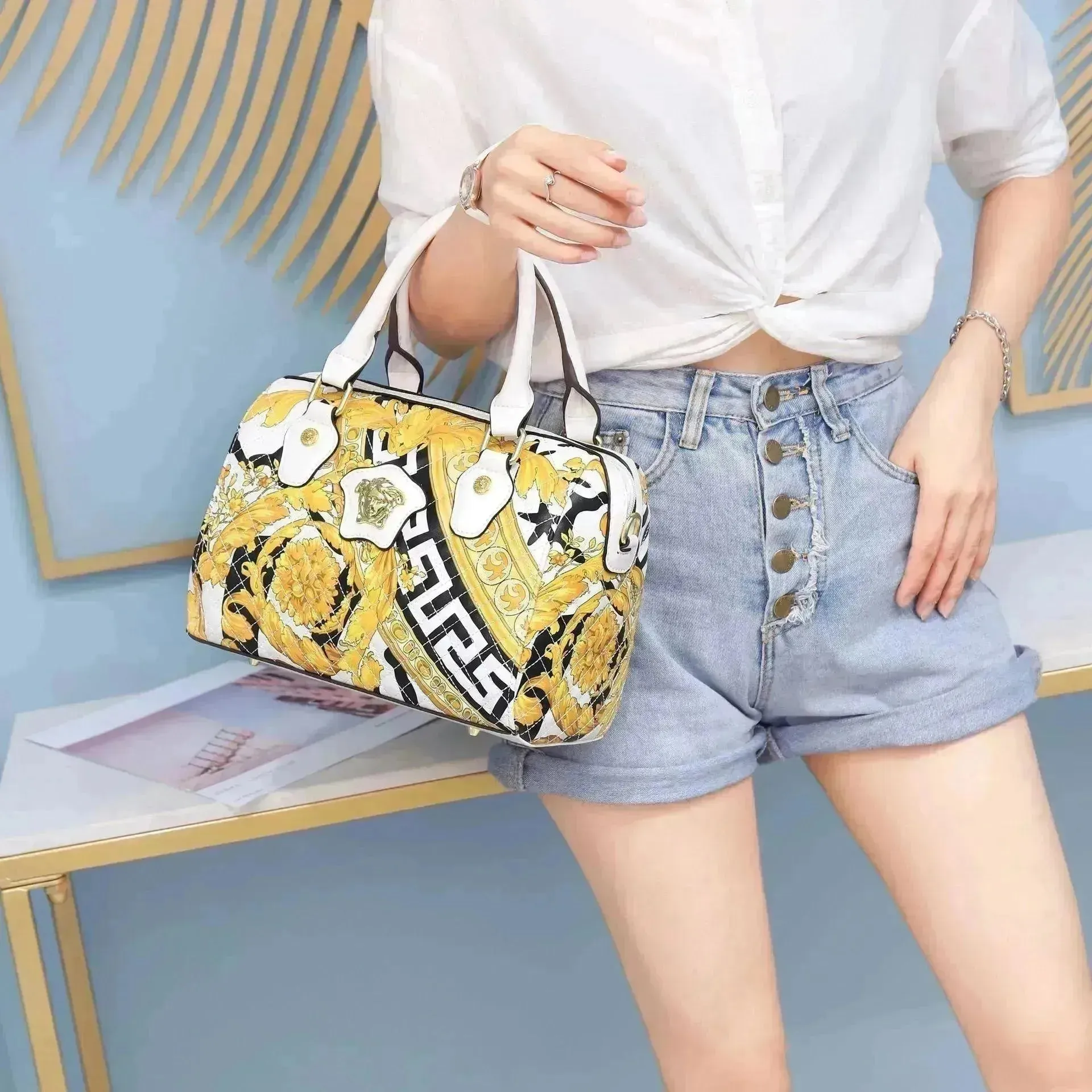 Elegant Explosive Style Ladies Boston Printed PU Leather Vintage Women Handbag