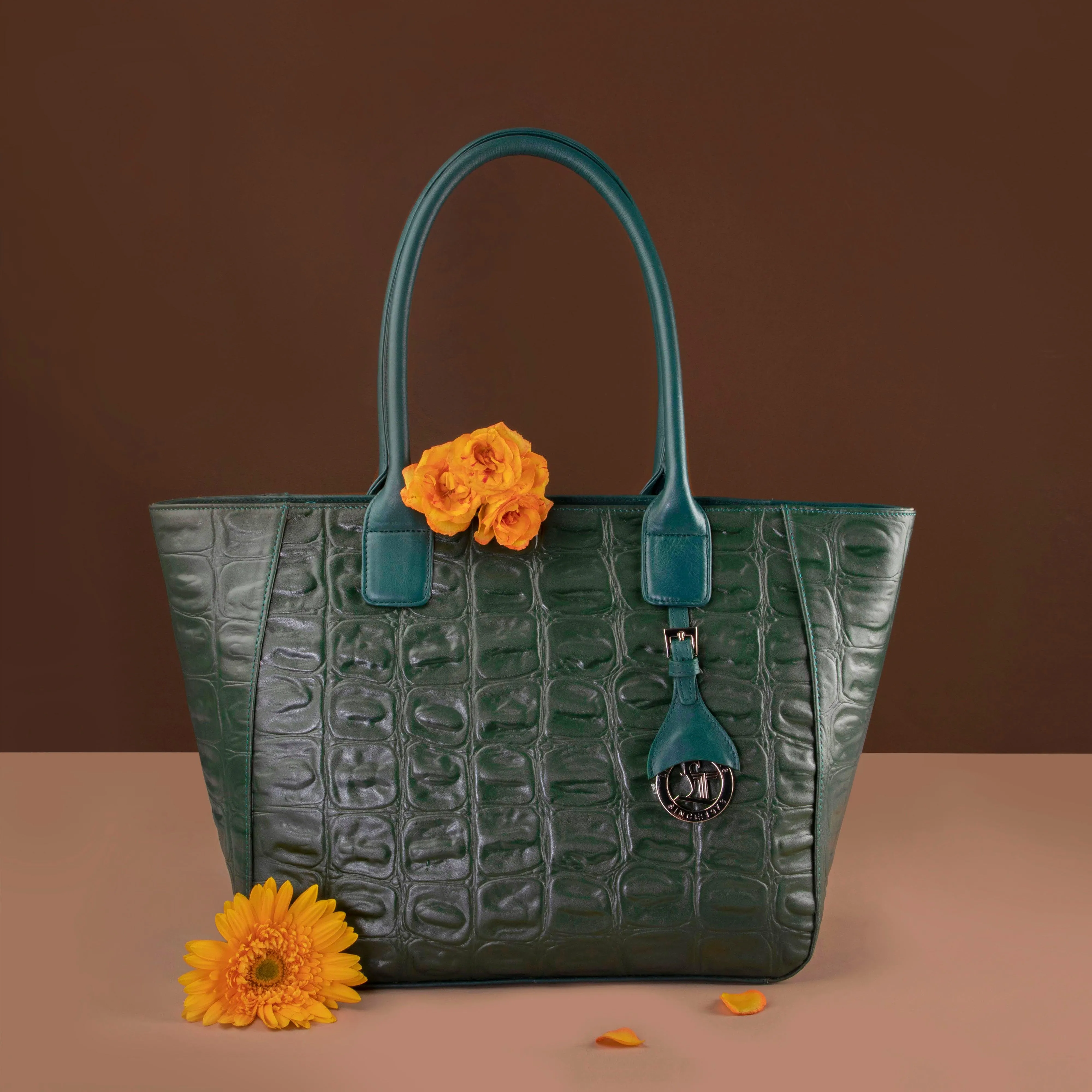 Elvis Tote | Leather Tote Bag For Women | Croco Embossed Genuine Leather | Color: Blue, Brown, Black & Green