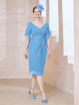 Flutter Sleeves V-neck Sequins Applique Decor Dress Blue