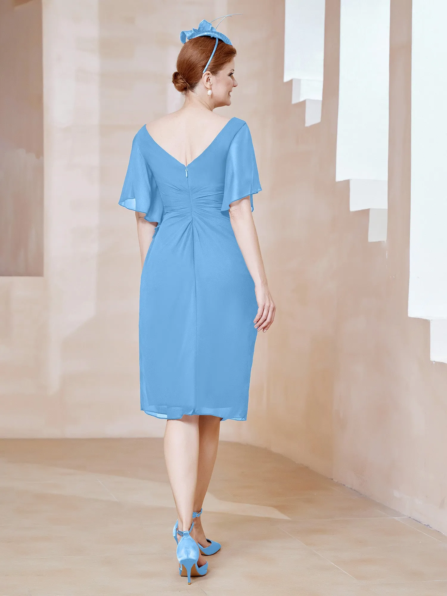 Flutter Sleeves V-neck Sequins Applique Decor Dress Blue