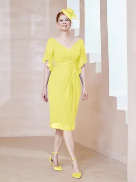 Flutter Sleeves V-neck Sequins Applique Decor Dress Lemon