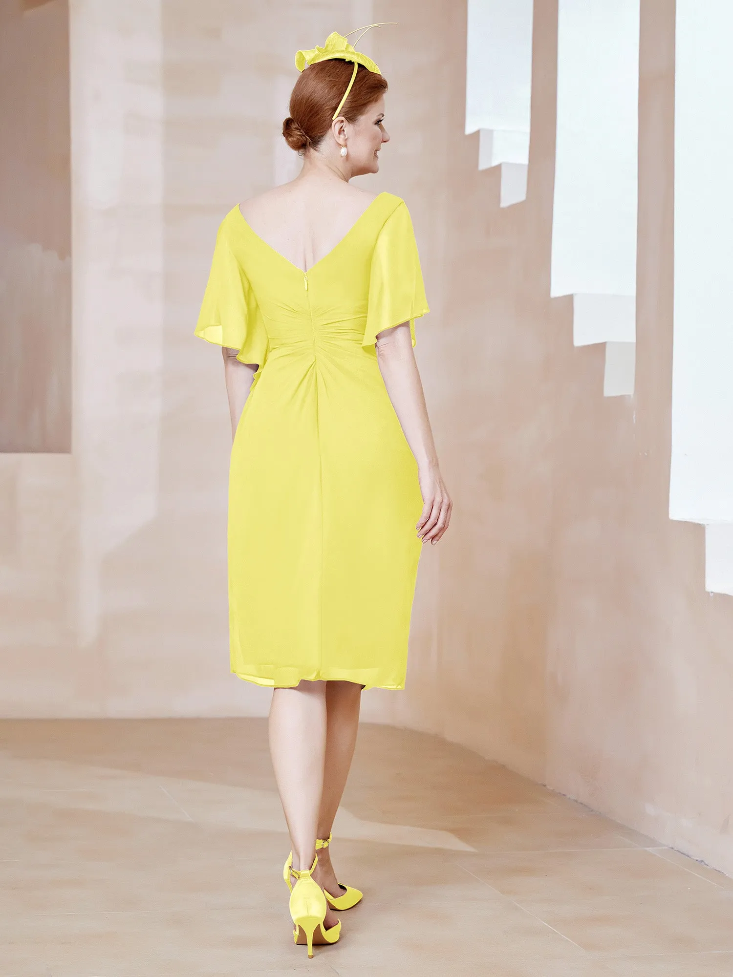 Flutter Sleeves V-neck Sequins Applique Decor Dress Lemon