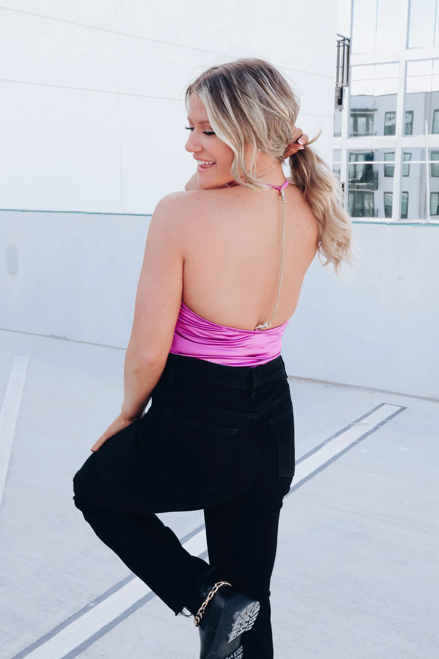 Glamorous Chain Satin Bodysuit - Purple