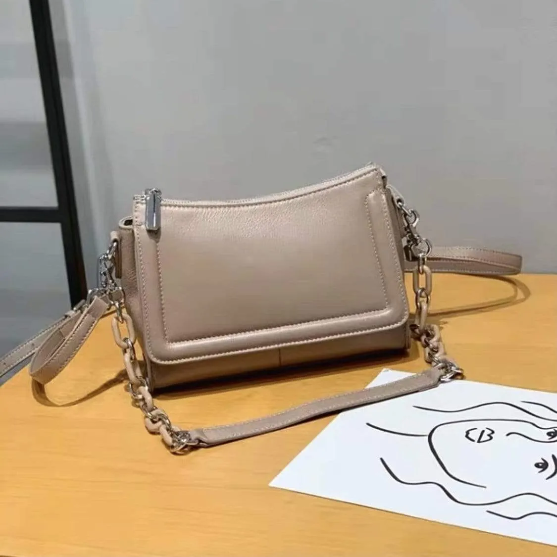 Harper Genuine Leather Shoulder Handbag Hobo with Acrylic Chain