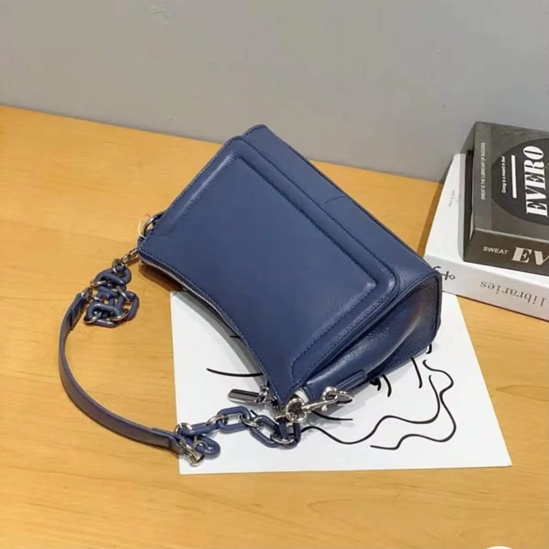 Harper Genuine Leather Shoulder Handbag Hobo with Acrylic Chain