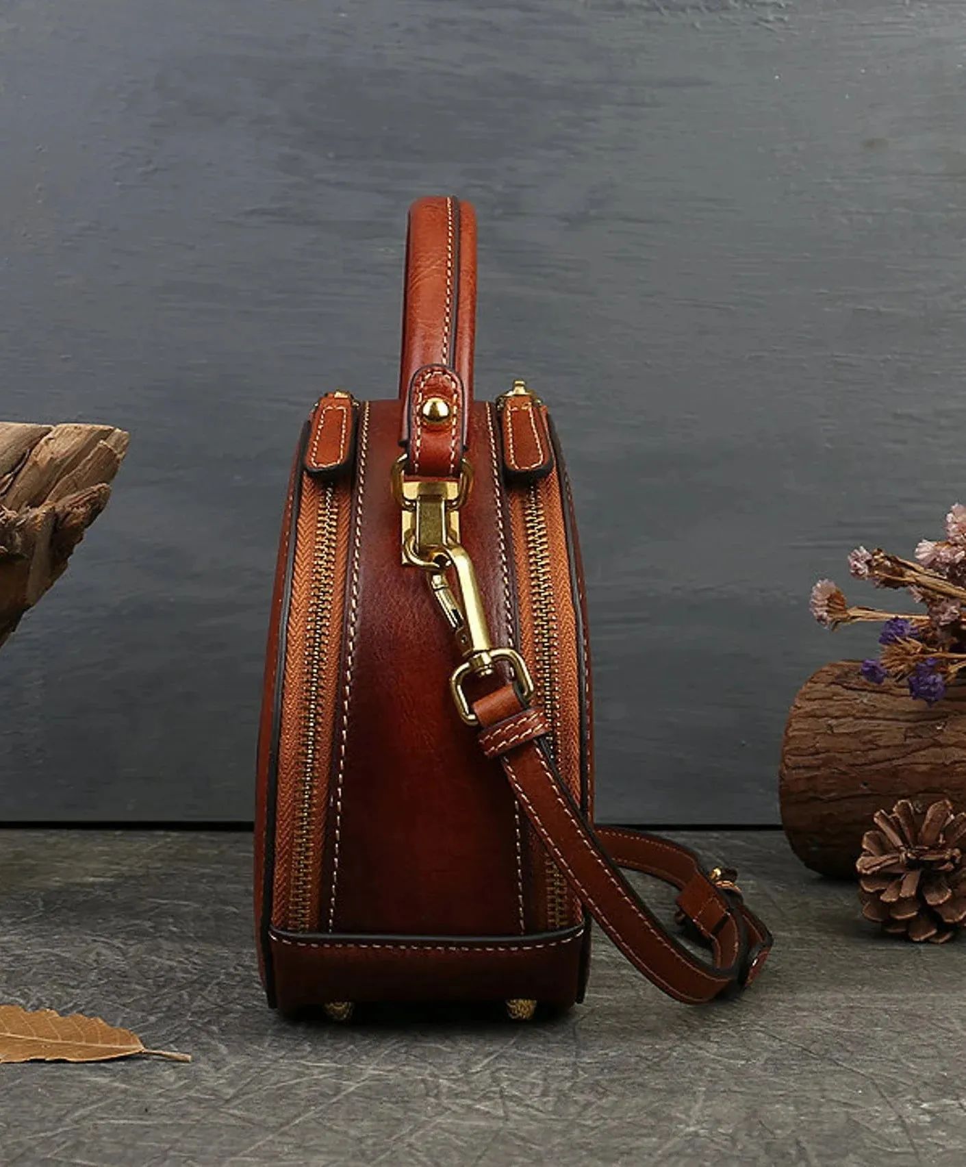 Large Retro Full -grain Cowhide Top Handle Handbag