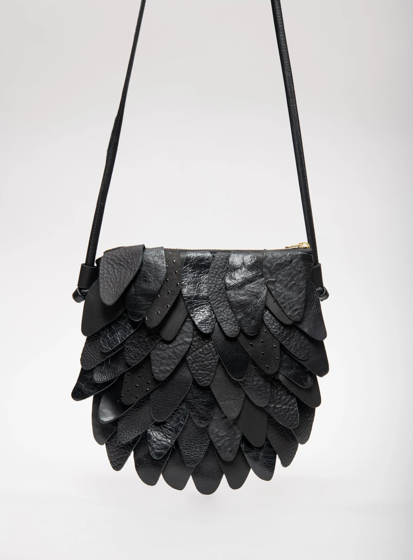 Leather feather boho clutch with shoulder strap PALOMA made to order