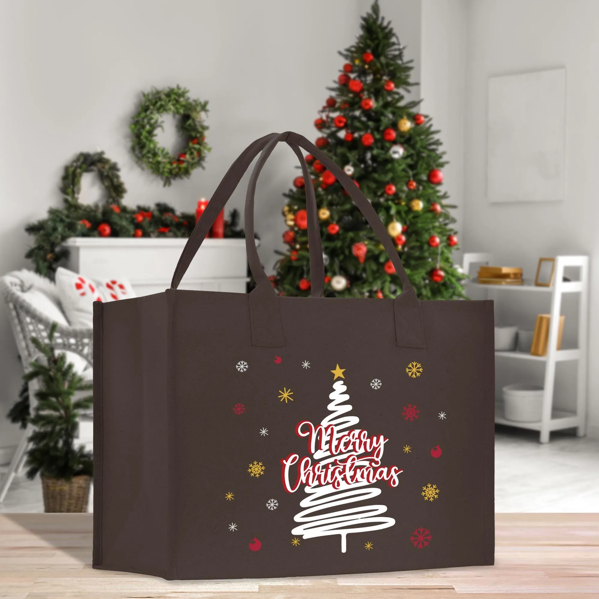 Merry Christmas Cotton Canvas Tote Bag Christmas Present Tote Merry Christmas Themed Bag Xmas Party Bag Merry Christmas Tree Bag (CT1001)