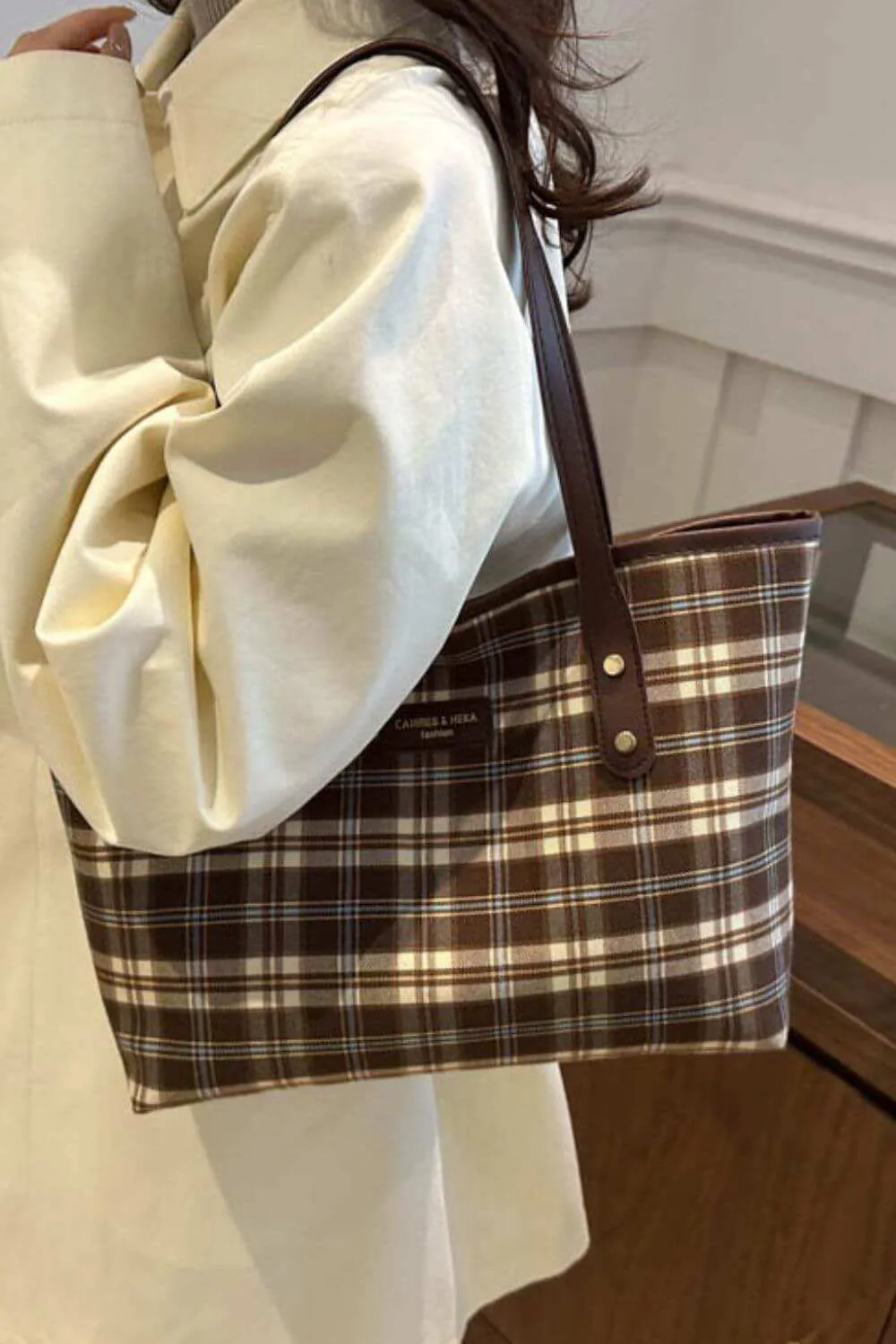 Plaid Leather Tote Bag  For Women