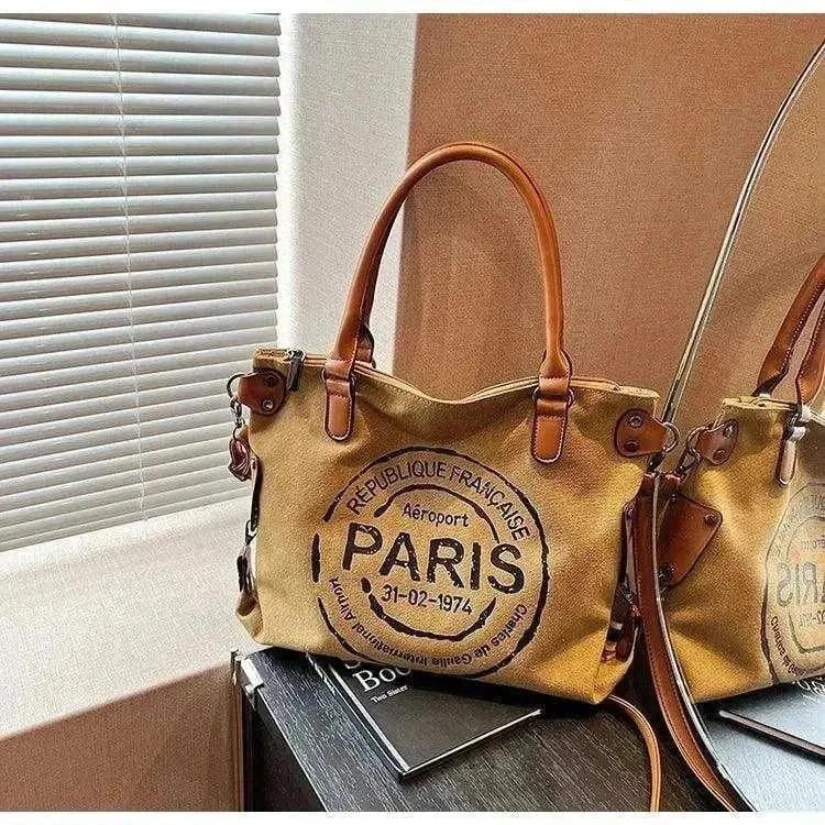 Retro Canvas Tote Bag | Vintage Paris Print Women's Crossbody - WCB008