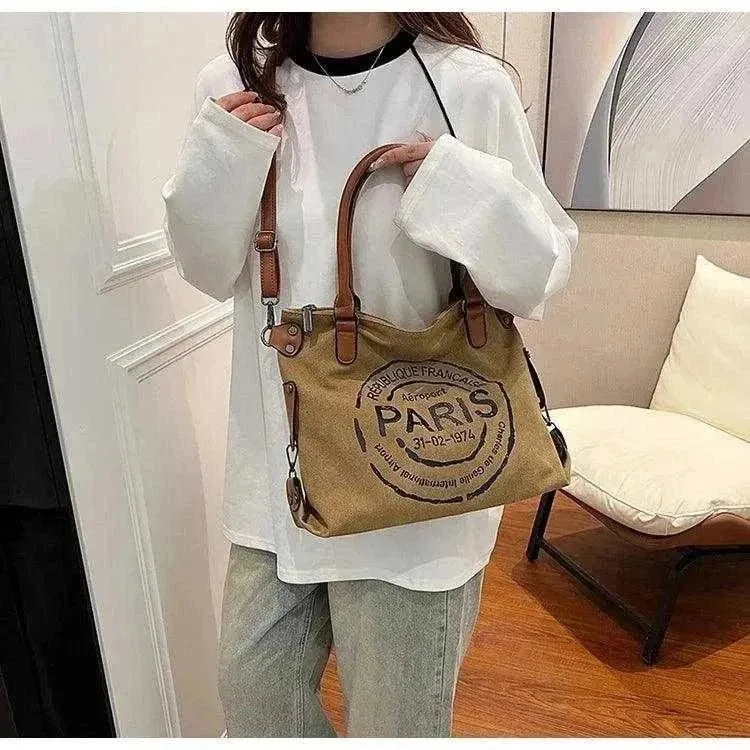 Retro Canvas Tote Bag | Vintage Paris Print Women's Crossbody - WCB008