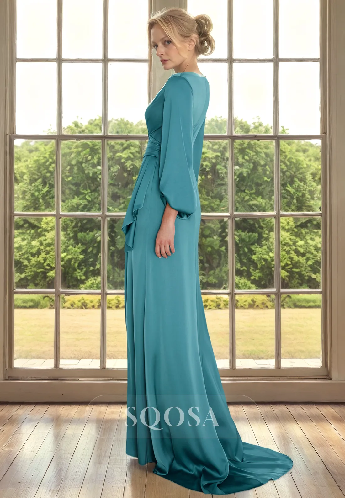 Sheath V Neck Ruched Long Sleeves Mother of the Bride Dress for Wedding Long Cocktail Dress