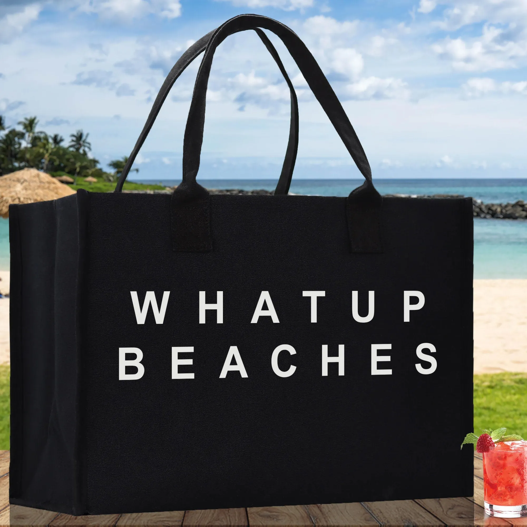 Whatup Beaches Cotton Canvas Chic Beach Tote Bag Multipurpose Tote Weekender Tote Gift for Her Outdoor Tote Vacation Tote Large Beach Bag