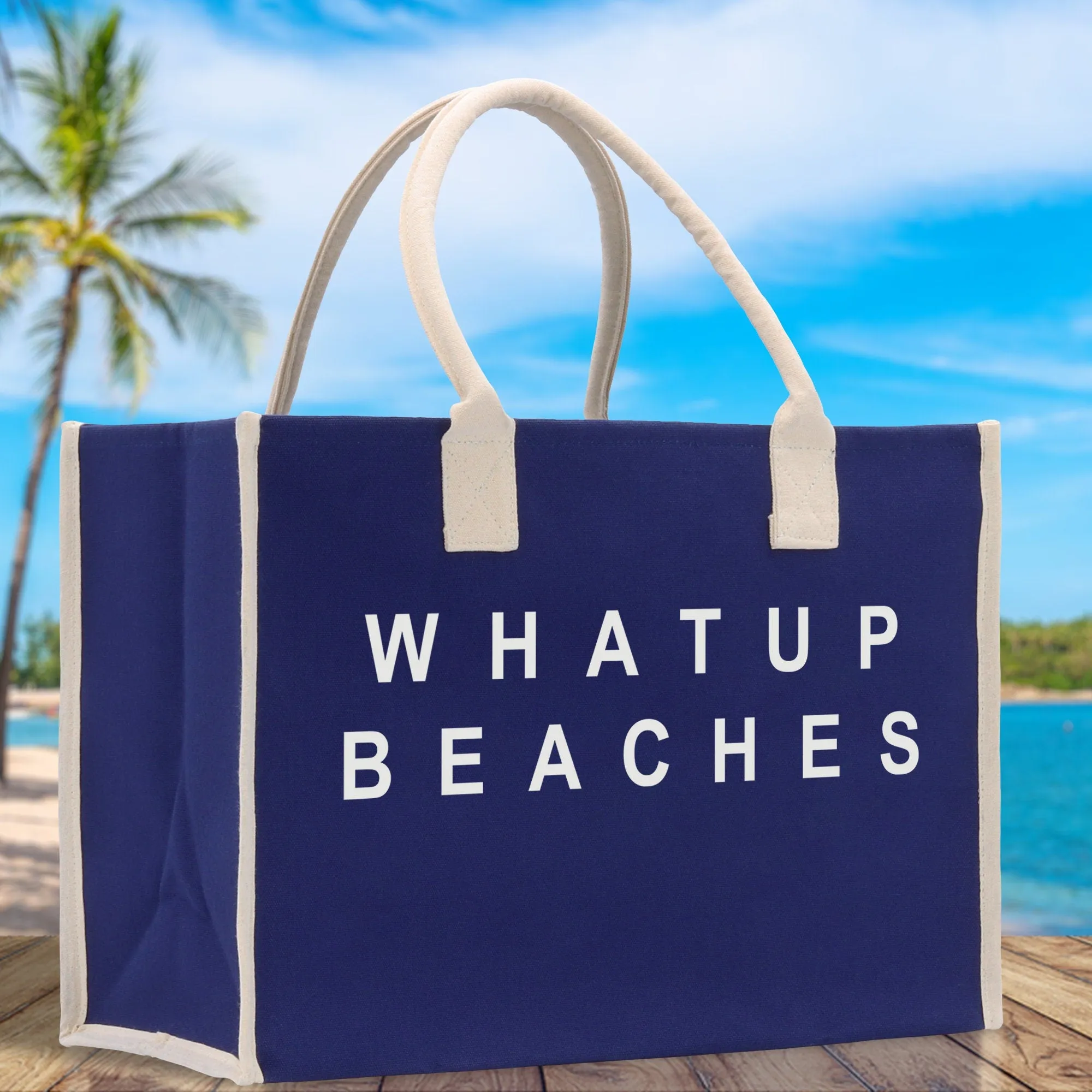 Whatup Beaches Cotton Canvas Chic Beach Tote Bag Multipurpose Tote Weekender Tote Gift for Her Outdoor Tote Vacation Tote Large Beach Bag