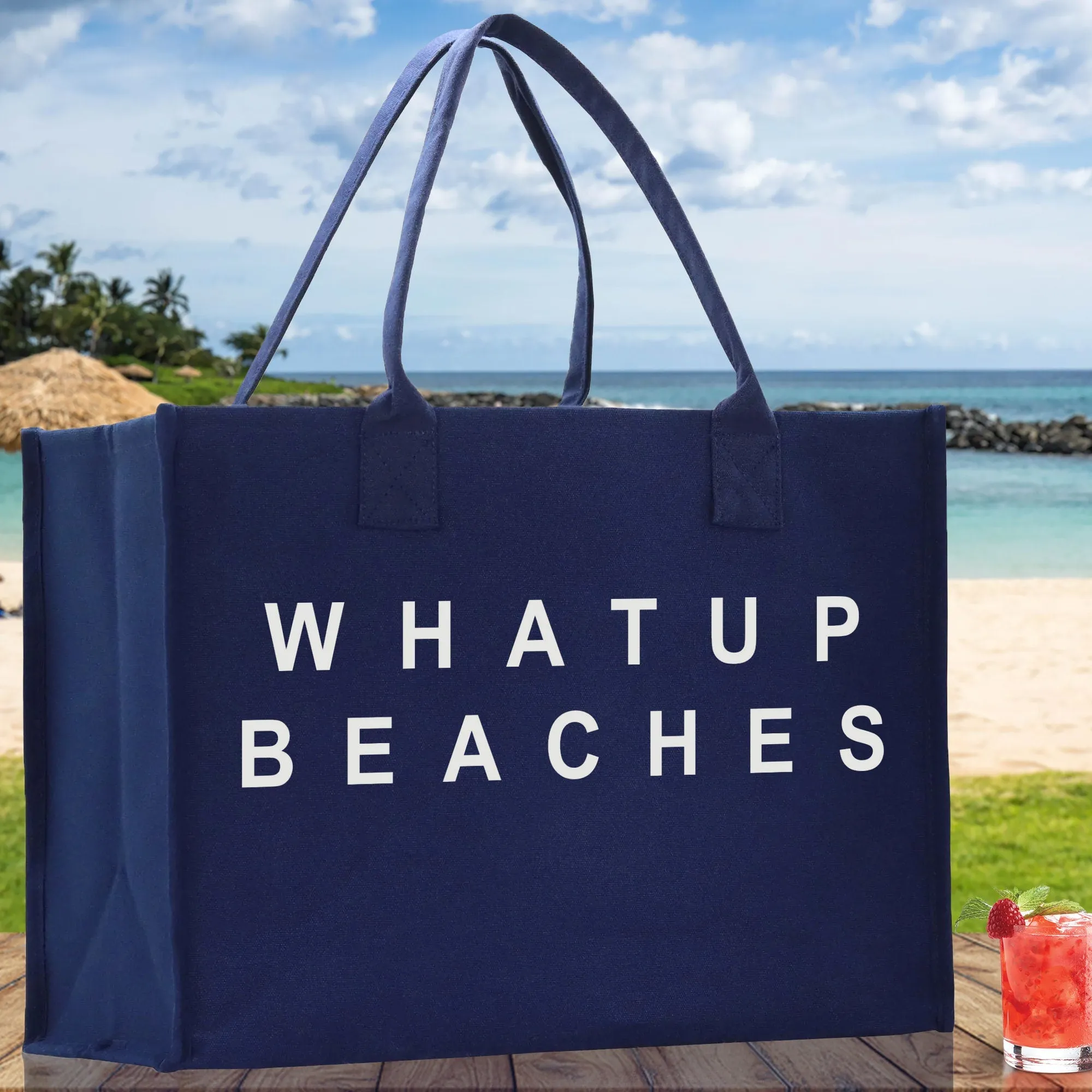 Whatup Beaches Cotton Canvas Chic Beach Tote Bag Multipurpose Tote Weekender Tote Gift for Her Outdoor Tote Vacation Tote Large Beach Bag