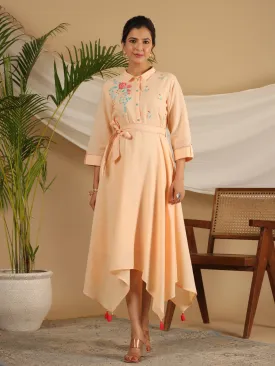 Women Peach Cotton Dobby Floral Dress & Belt